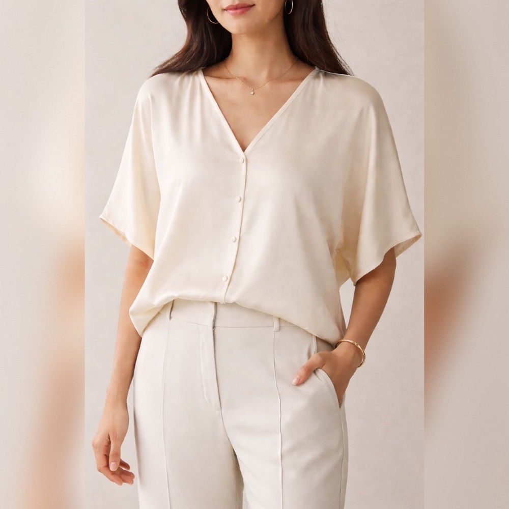 MERRITT CHARLES BROOKS V-NECK SILK BOXY TOP IVORY SIZE OS "NWT"